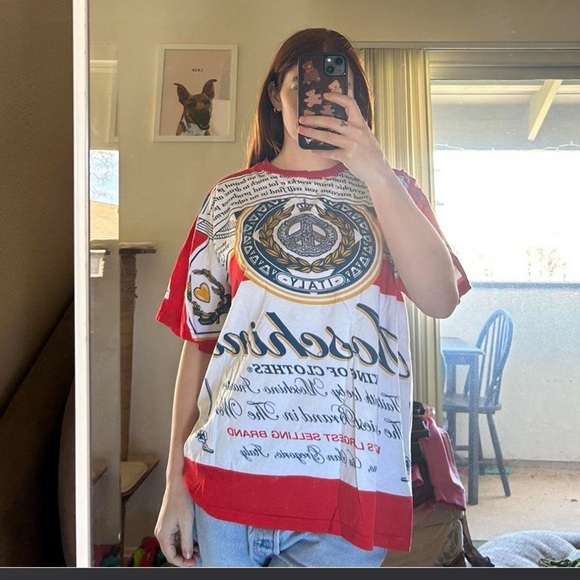 Moschino Red White & Gold Stripe Graphic women’s tee - Picture 3 of 5